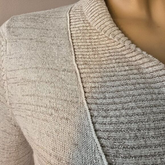 Esprit Womens Cardigan Sz S Cream Lurex Metallic Gold Striped V-Neck Open Front - Picture 3 of 10